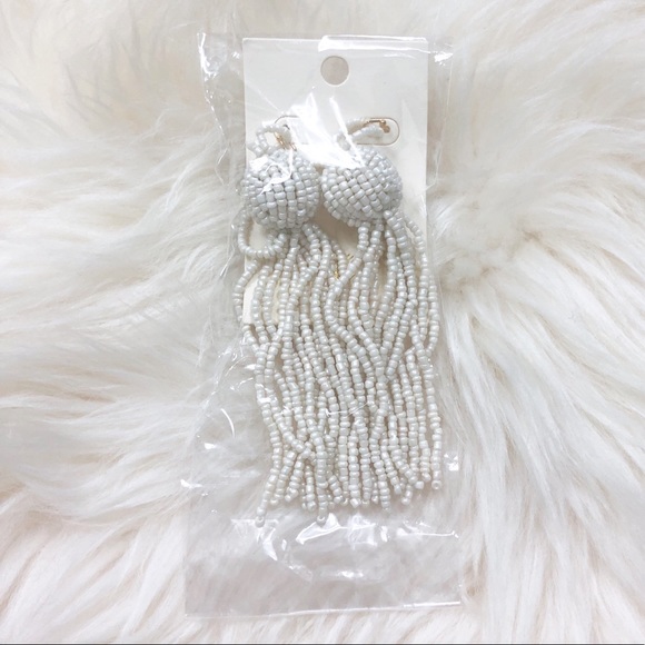 Beaded Tassel Long Drop Earrings Off White - Picture 6 of 7